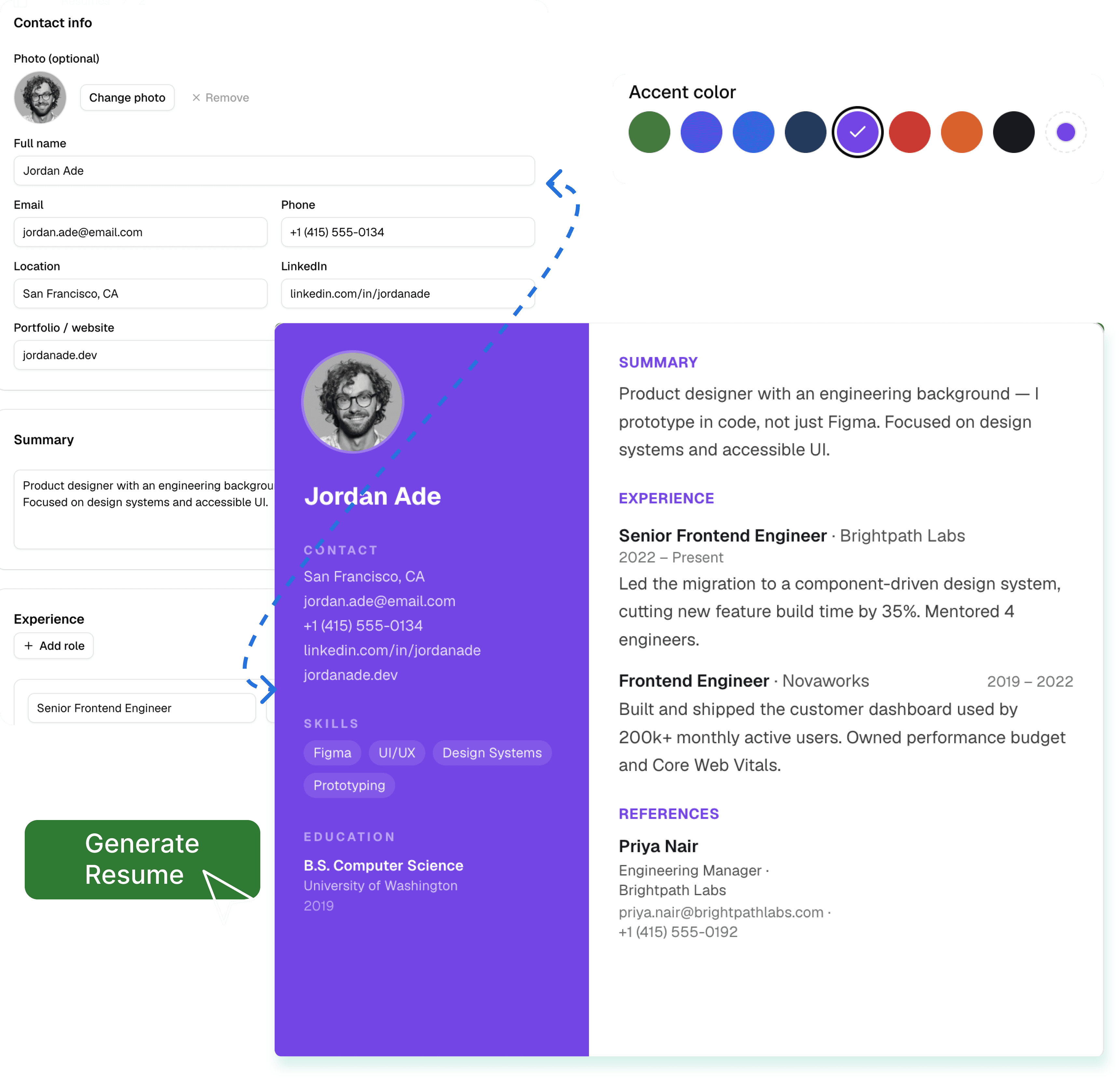 Resume Studio editor with a live resume preview